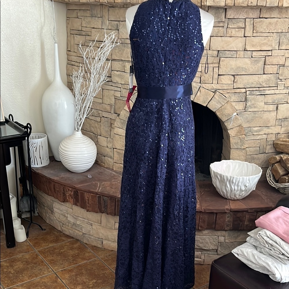Tahari Elegant Navy Sequin Halter Dress Size 4P - Picture 4 of 6